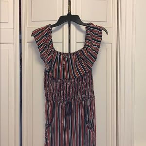 Off the shoulder blue and red jumpsuit